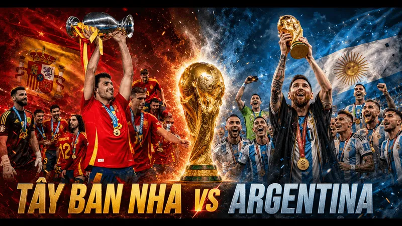 Cầu thủ đội Tây Ban Nha vượt qua cầu thủ đội Argentina trên sân cỏ